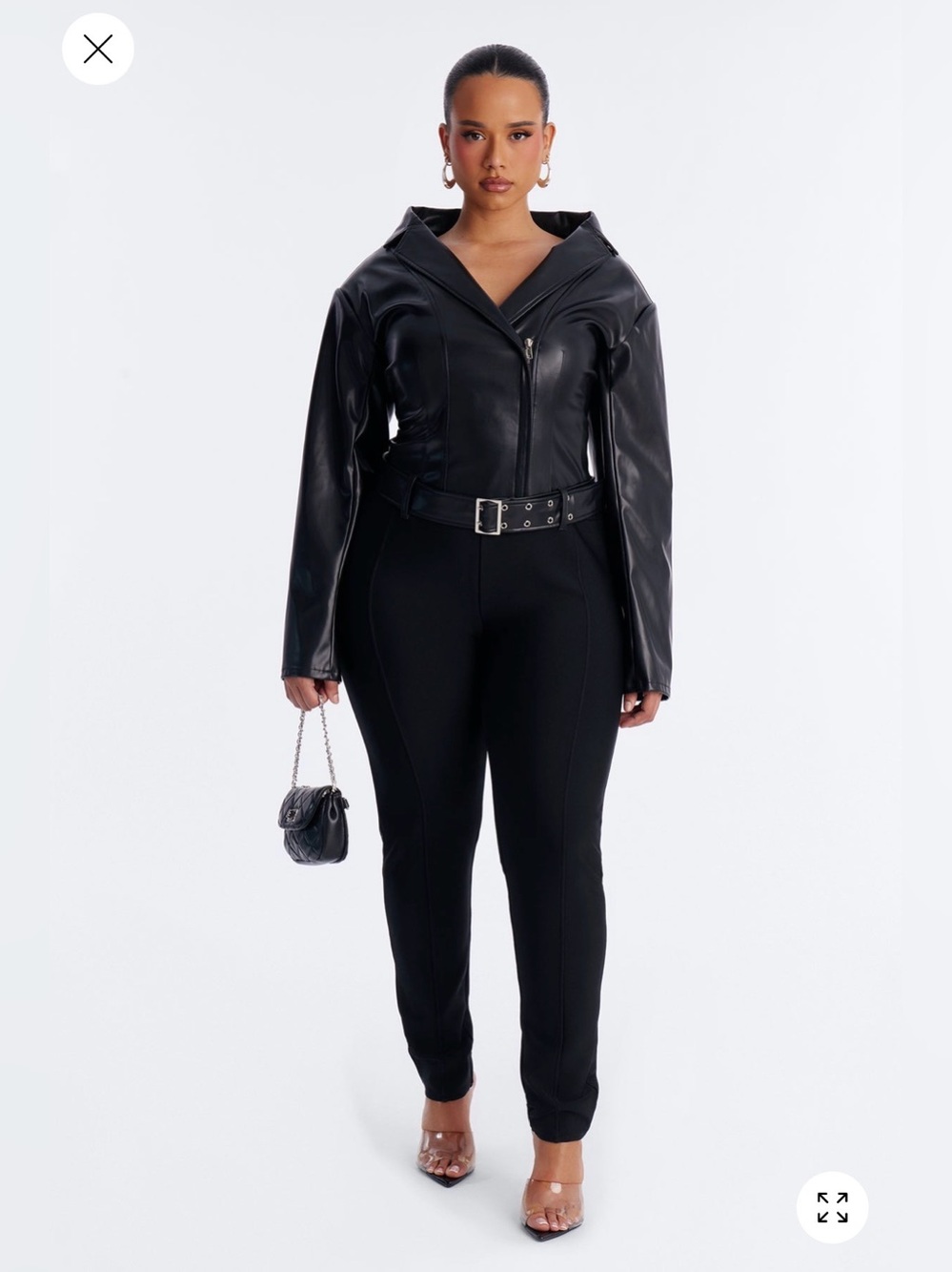 Brand New Black Faux Leather Belted Jumpsuit